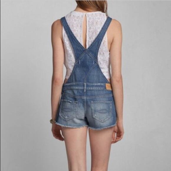 Abercrombie & Fitch Overalls Shorts ShortAlls Raw Hem Y2K Classic Blue Wash sz S - Picture 2 of 16